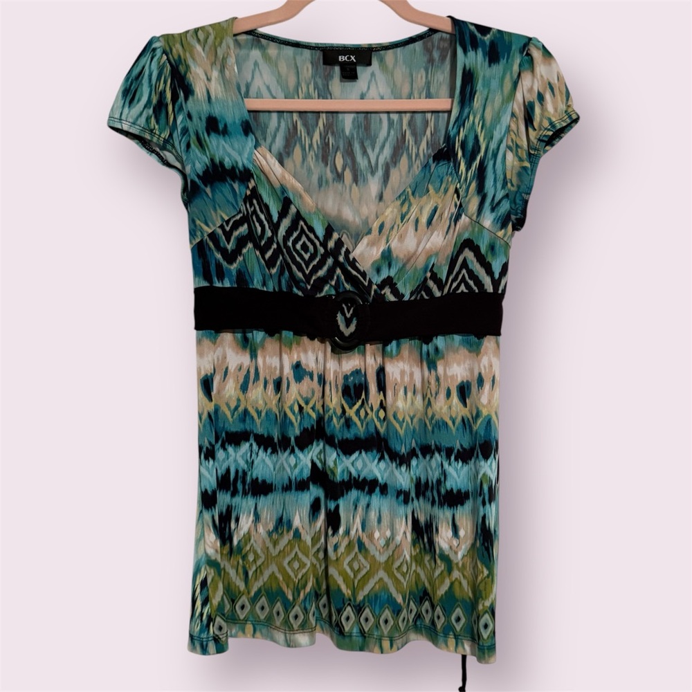 BCX Short Sleeve Dressy Blouse Turquoise Black Green Unique Design Size Small